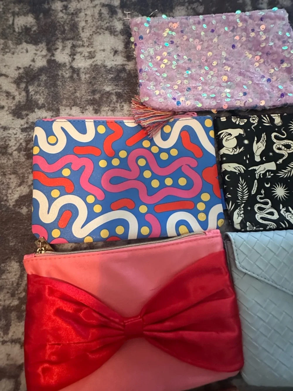 Set of 7 Assorted Makeup Pouches - Pink, Black, Red, Silver, Tan, Blue, White